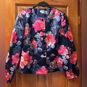 Tahari Floral Metallic Jacquard Blazer Coral/Navy Sz 12